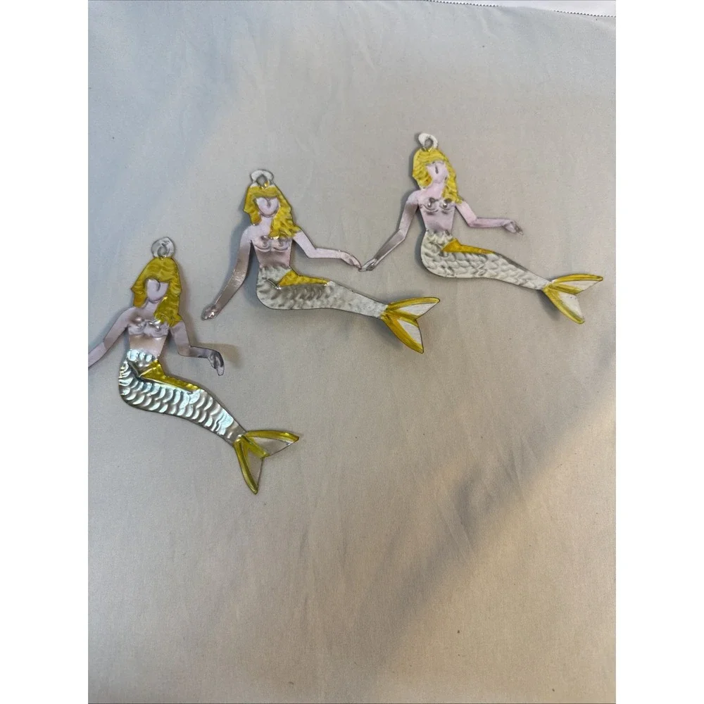 Vintage 3 Metal Mermaids Wall Decor Art Trio Gold Silver Toned Coastal Nautical
